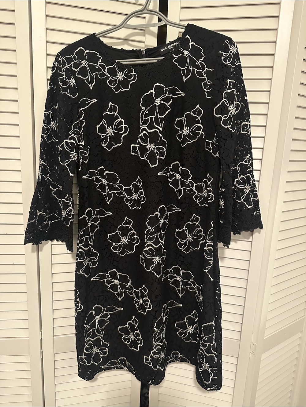 Karl Lagerfeld Black Lace Top with White Floral Stitching